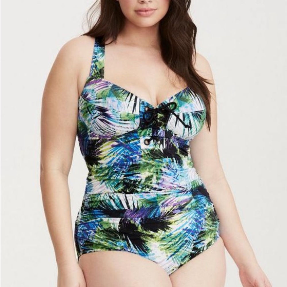 Torrid Swimsuit Underwire Lace-Up One Piece Tropical Palm 2 2X